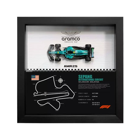Aston Martin 2025 F1 Fernando Alonso AMR25 Mapa del Circuito Exposición de coches en miniatura enmarcada Exposición de coches en miniatura