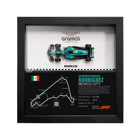 Aston Martin 2025 F1 Fernando Alonso AMR25 Mapa del Circuito Exposición de coches en miniatura enmarcada Exposición de coches en miniatura