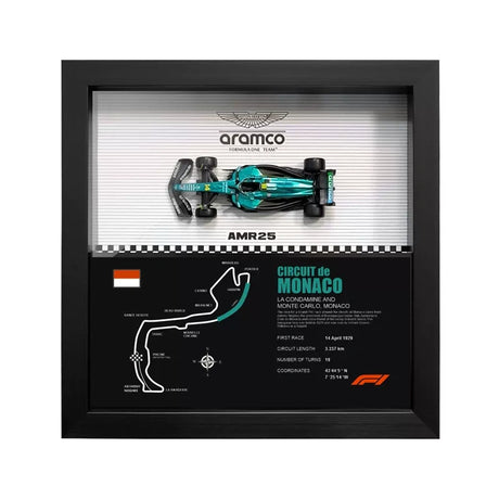 Aston Martin 2025 F1 Fernando Alonso AMR25 Mapa del Circuito Exposición de coches en miniatura enmarcada Exposición de coches en miniatura