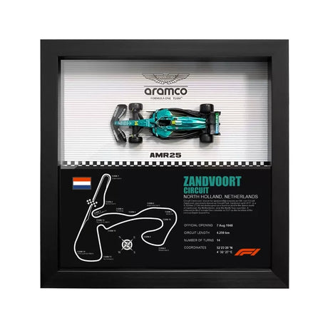 Aston Martin 2025 F1 Fernando Alonso AMR25 Mapa del Circuito Exposición de coches en miniatura enmarcada Exposición de coches en miniatura