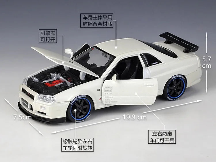 1:24 Nissan 1999 Skyline GT-R R34 Die Cast Model Car