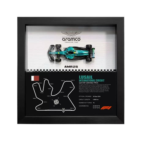 Aston Martin 2025 F1 Fernando Alonso AMR25 Mapa del Circuito Exposición de coches en miniatura enmarcada Exposición de coches en miniatura