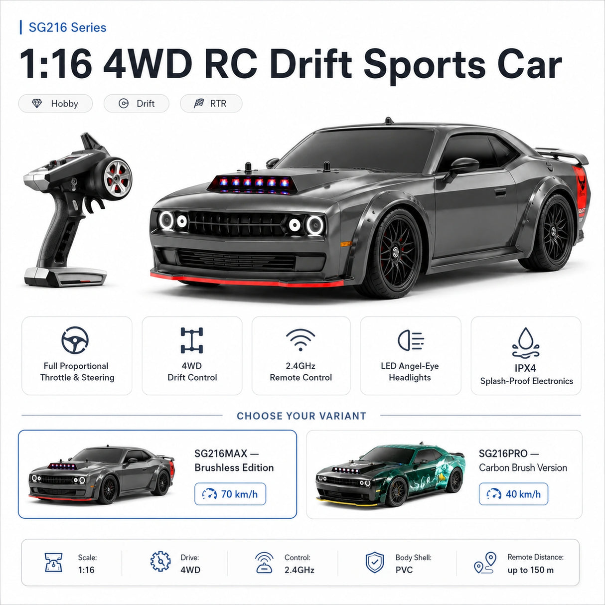 1:16 스케일 High-Imitation Dodge Challenger RC Drift Car RC Car
