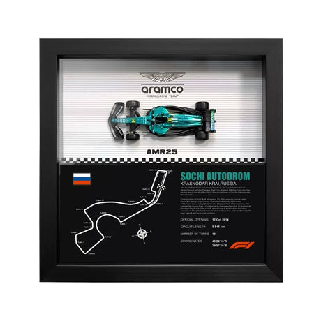 Aston Martin 2025 F1 Fernando Alonso AMR25 Mapa del Circuito Exposición de coches en miniatura enmarcada Exposición de coches en miniatura