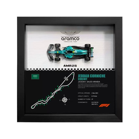 Aston Martin 2025 F1 Fernando Alonso AMR25 Mapa del Circuito Exposición de coches en miniatura enmarcada Exposición de coches en miniatura