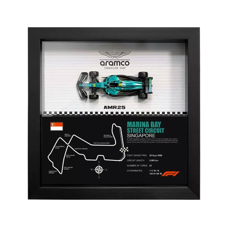 Aston Martin 2025 F1 Fernando Alonso AMR25 Mapa del Circuito Exposición de coches en miniatura enmarcada Exposición de coches en miniatura