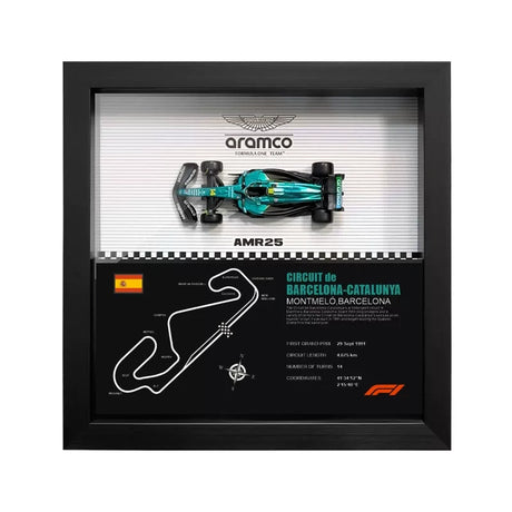 Aston Martin 2025 F1 Fernando Alonso AMR25 Mapa del Circuito Exposición de coches en miniatura enmarcada Exposición de coches en miniatura
