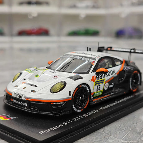 Porsche 2025 911 992 GT3 R Hankook Competition 9. sija #55 1:43 24h Nürburgringin hartsikeräilymalli Spark - katselu 3