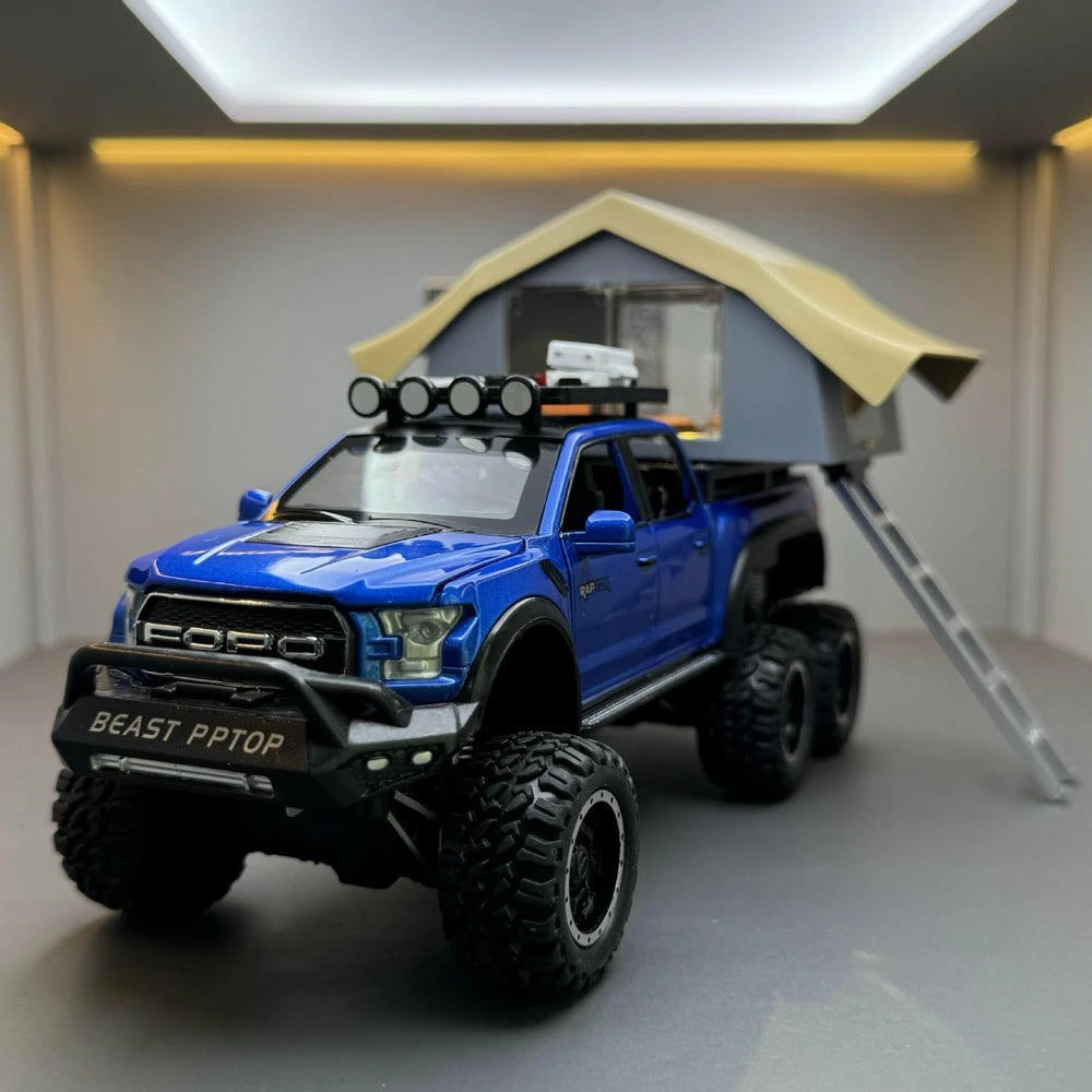 [TOY] 1:24 Ford 2020 F-150 Raptor 6x6 Off-Road Camping RV Blue Model Car Die-Cast
