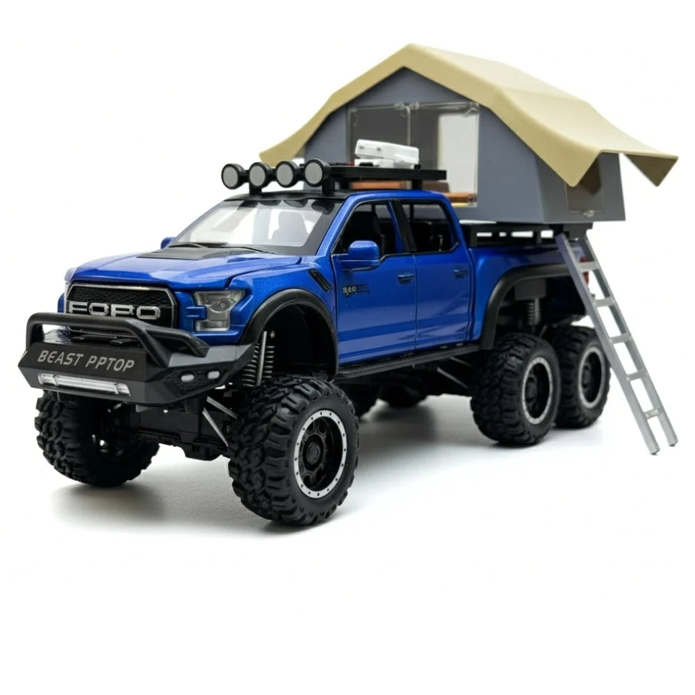 [TOY] 1:24 Ford 2020 F-150 Raptor 6x6 Off-Road Camping RV Blue Model Car Die-Cast