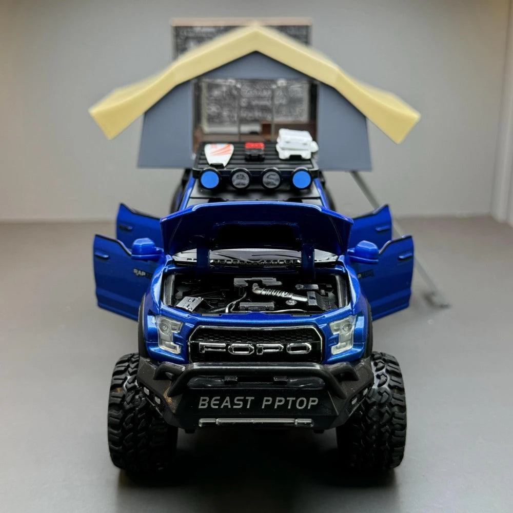 [TOY] 1:24 Ford 2020 F-150 Raptor 6x6 Off-Road Camping RV Blue Model Car Die-Cast