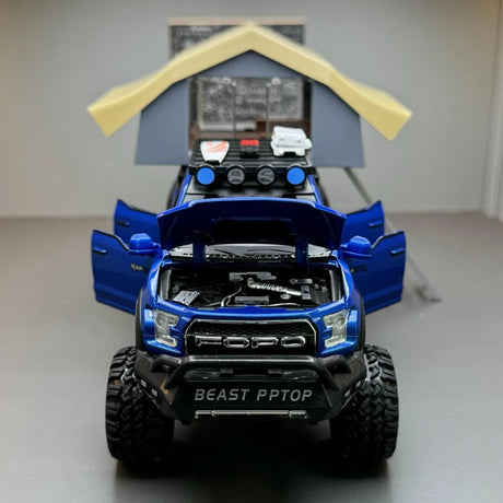 فورد 2020 F-150 رابتور 6x6 تخييم طرق وعرة RV أزرق 1:24 – نموذج عرض مصبوب، مصبوب.
