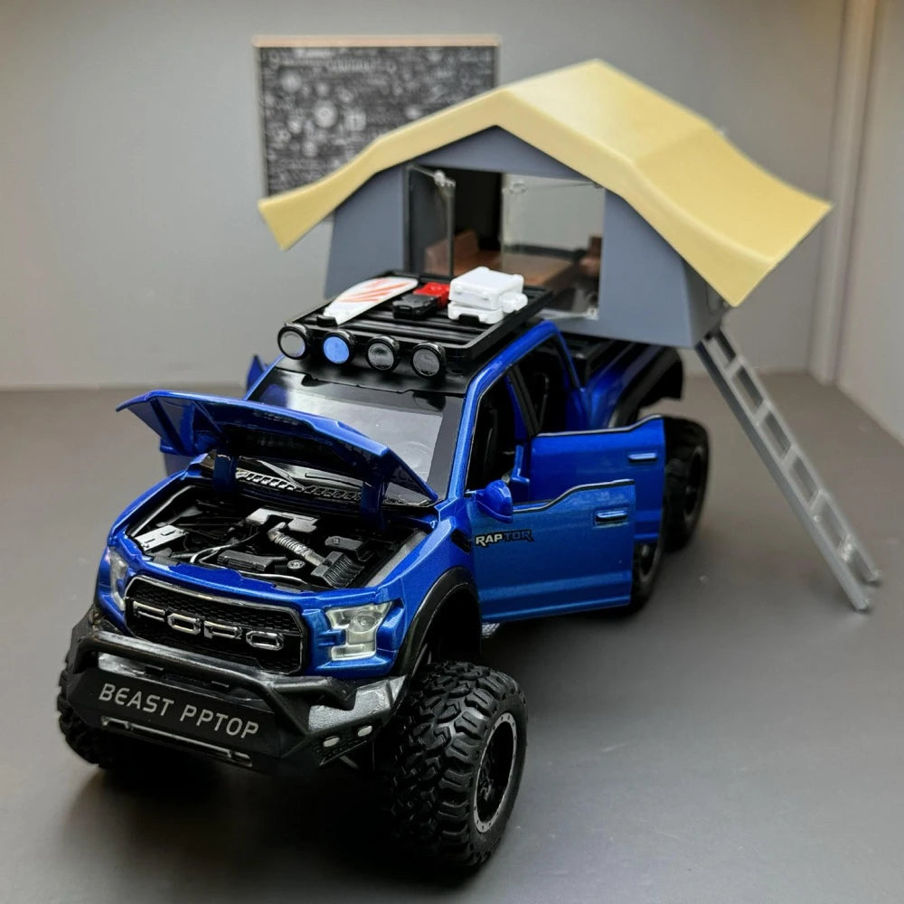 [TOY] 1:24 Ford 2020 F-150 Raptor 6x6 Off-Road Camping RV Blue Model Car Die-Cast