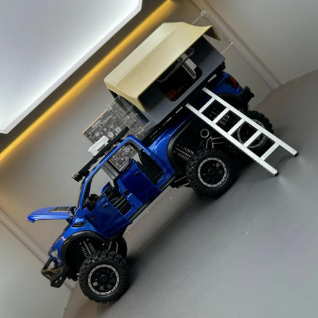 فورد 2020 F-150 رابتور 6x6 تخييم طرق وعرة RV أزرق 1:24 – نموذج عرض مصبوب، مصبوب.