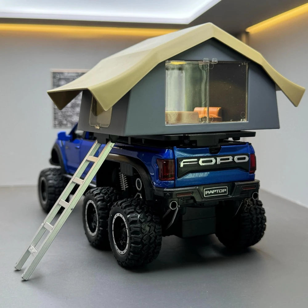 [TOY] 1:24 Ford 2020 F-150 Raptor 6x6 Off-Road Camping RV Blue Model Car Die-Cast