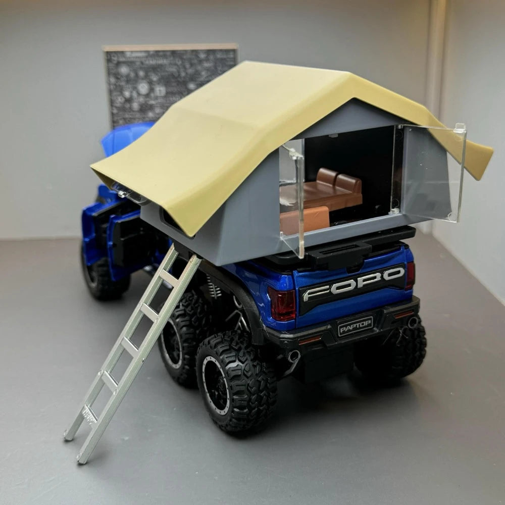 [TOY] 1:24 Ford 2020 F-150 Raptor 6x6 Off-Road Camping RV Blue Model Car Die-Cast