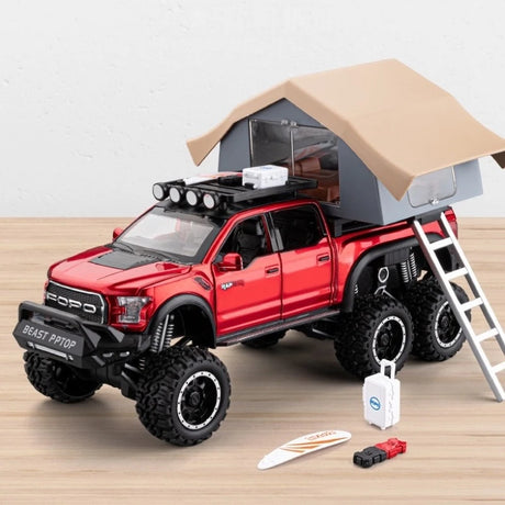 فورد 2020 F-150 رابتور 6x6 تخييم طرق وعرة RV Red 1:24 – نموذج عرض مصبوب، مصبوب.