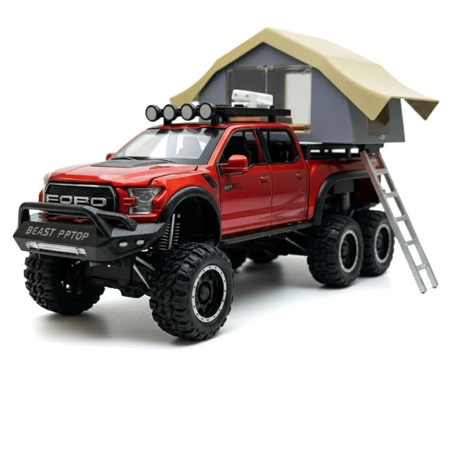 فورد 2020 F-150 رابتور 6x6 تخييم طرق وعرة RV Red 1:24 – نموذج عرض مصبوب، مصبوب.