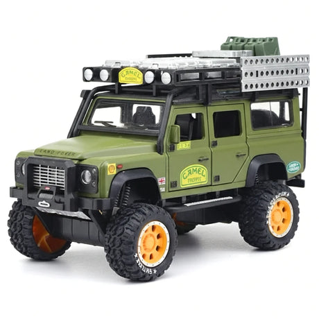 [TOY] 1:28 Land Rover 1998 Defender 110 Camel Trophy Green Model Car Die-Cast