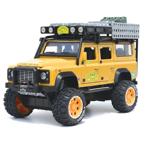 Land Rover 1998 Defender 110 كاميل تروفي الأصفر 1:28 – نموذج عرض مصبوب، مصبوب.