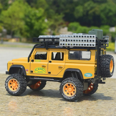 Land Rover 1998 Defender 110 كاميل تروفي الأصفر 1:28 – نموذج عرض مصبوب، مصبوب.