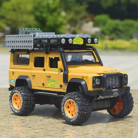 Land Rover 1998 Defender 110 كاميل تروفي الأصفر 1:28 – نموذج عرض مصبوب، مصبوب.