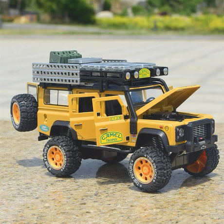Land Rover 1998 Defender 110 كاميل تروفي الأصفر 1:28 – نموذج عرض مصبوب، مصبوب.