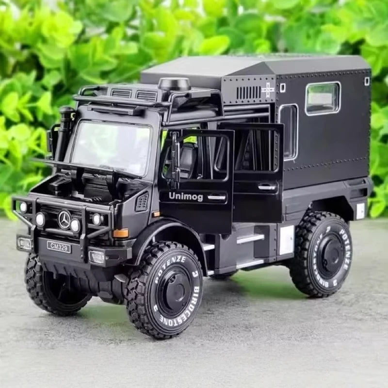 [TOY] 1:32 Mercedes-Unimog 2013 Nomadism U4000 RV Black Model Car Die-Cast