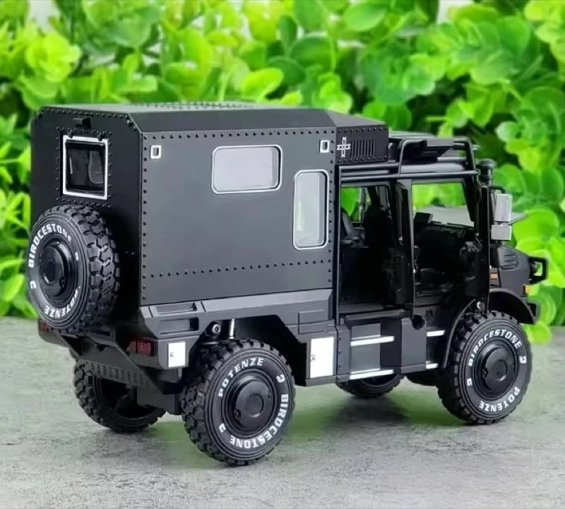 [TOY] 1:32 Mercedes-Unimog 2013 Nomadism U4000 RV Black Model Car Die-Cast