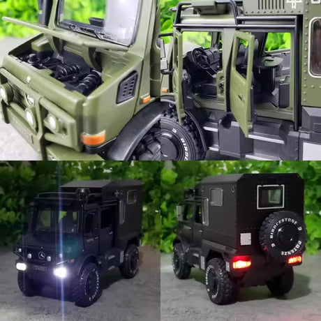 [TOY] 1:32 Mercedes-Unimog 2013 Nomadism U4000 RV grön modellbil Die-Cast
