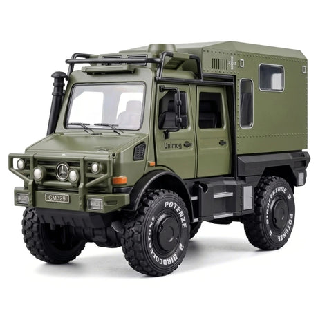 [TOY] 1:32 Mercedes-Unimog 2013 Nomadism U4000 RV grön modellbil Die-Cast