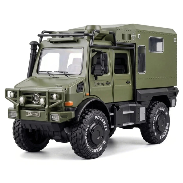 [TOY] 1:32 Mercedes-Unimog 2013 Nomadism U4000 RV grön modellbil Die-Cast
