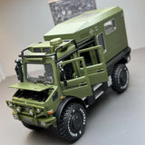[TOY] 1:32 Mercedes-Unimog 2013 Nomadism U4000 RV grön modellbil Die-Cast