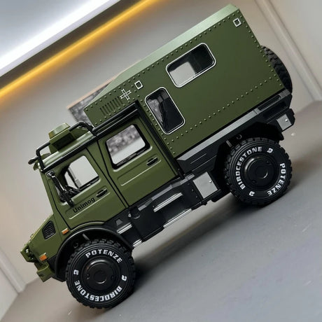 [TOY] 1:32 Mercedes-Unimog 2013 Nomadism U4000 RV grön modellbil Die-Cast