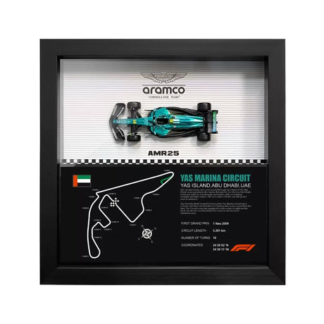 Aston Martin 2025 F1 Fernando Alonso AMR25 Mapa del Circuito Exposición de coches en miniatura enmarcada Exposición de coches en miniatura