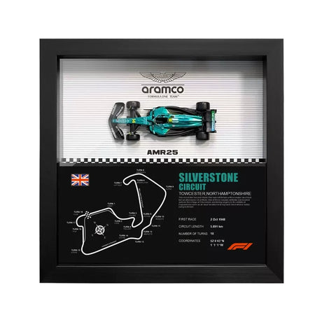 Aston Martin 2025 F1 Fernando Alonso AMR25 Mapa del Circuito Exposición de coches en miniatura enmarcada Exposición de coches en miniatura