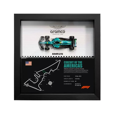 Aston Martin 2025 F1 Fernando Alonso AMR25 Mapa del Circuito Exposición de coches en miniatura enmarcada Exposición de coches en miniatura