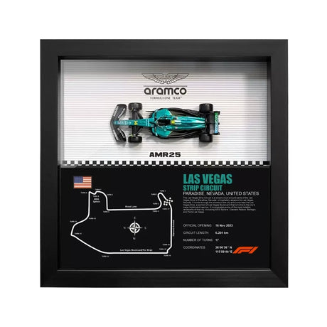 Aston Martin 2025 F1 Fernando Alonso AMR25 Mapa del Circuito Exposición de coches en miniatura enmarcada Exposición de coches en miniatura