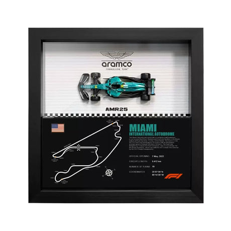 Aston Martin 2025 F1 Fernando Alonso AMR25 Mapa del Circuito Exposición de coches en miniatura enmarcada Exposición de coches en miniatura