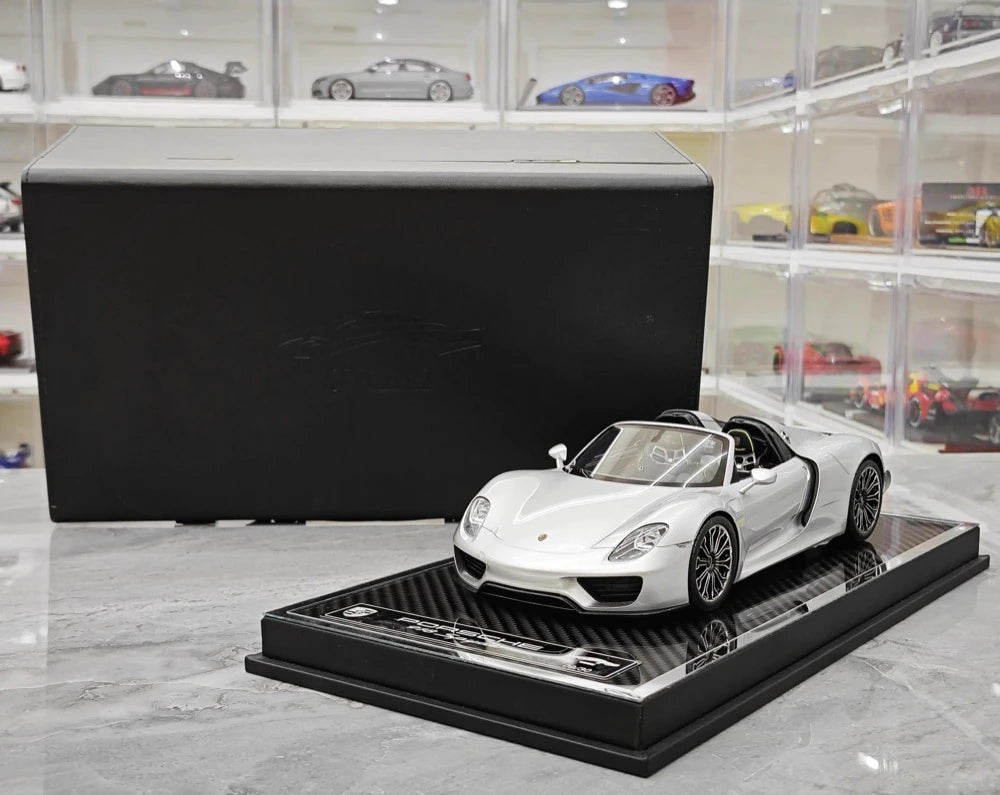 [YY] 1:18 Porsche 2013 918 Spyder Convertible Silver Model Car Resin