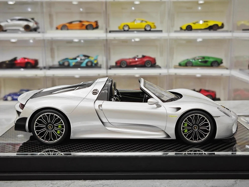[YY] 1:18 Porsche 2013 918 Spyder Convertible Silver Model Car Resin