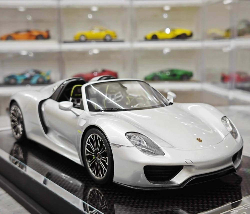 [YY] 1:18 Porsche 2013 918 Spyder Convertible Silver Model Car Resin