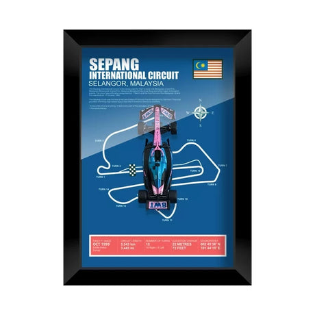 Alpine 2025 F1 Pierre Gasly A525 Mapa del circuito Exhibición de coches en miniatura enmarcada