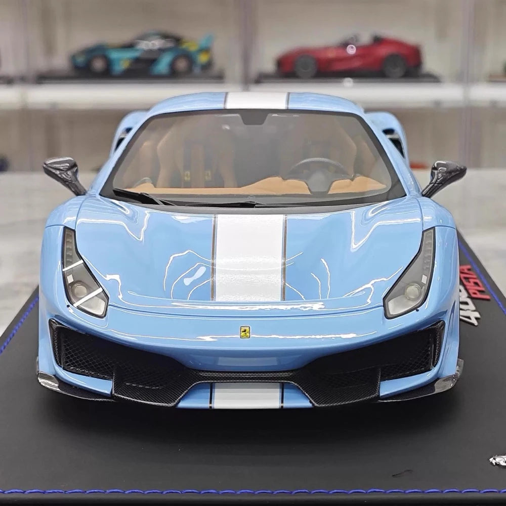 [BBR] 1:18 Ferrari 2019 488 Pista Coupe Azzurro La Plata Bianco Stripe Model Car Resin