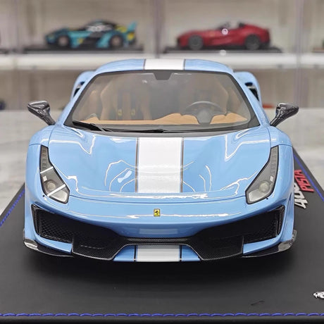 [BBR] 1:18 Ferrari 2019 488 Pista Coupe Azzurro La Plata Bianco Stripe Model Car Resin