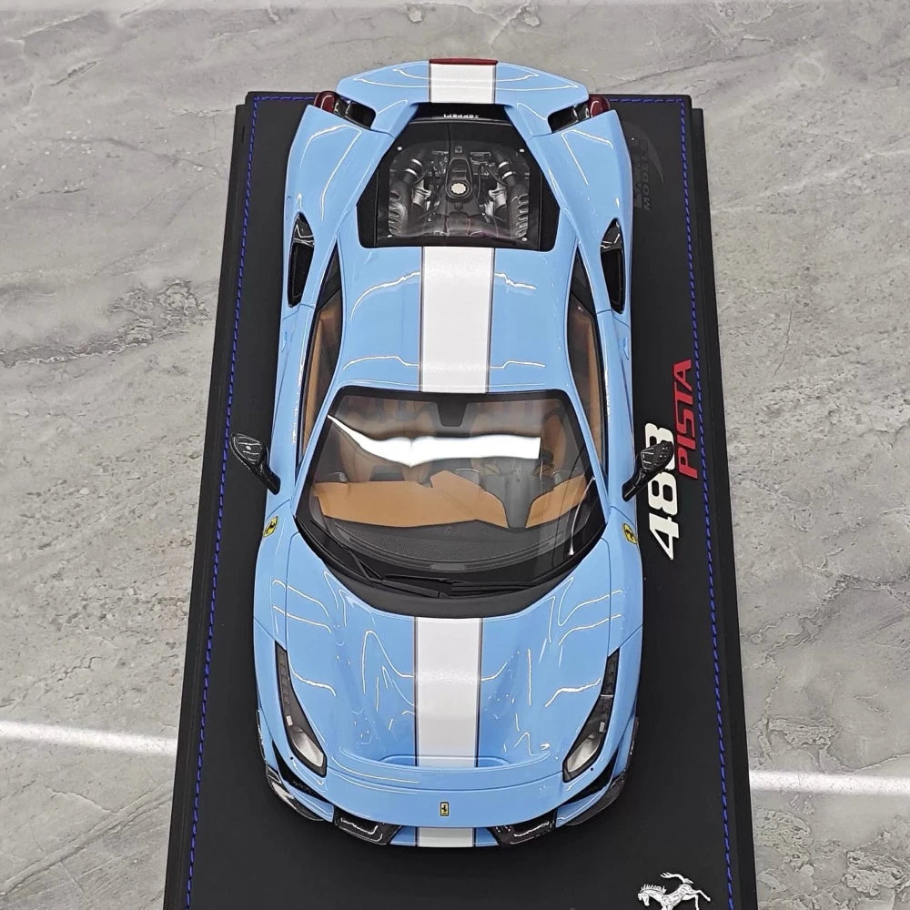 [BBR] 1:18 Ferrari 2019 488 Pista Coupe Azzurro La Plata Bianco Stripe Model Car Resin