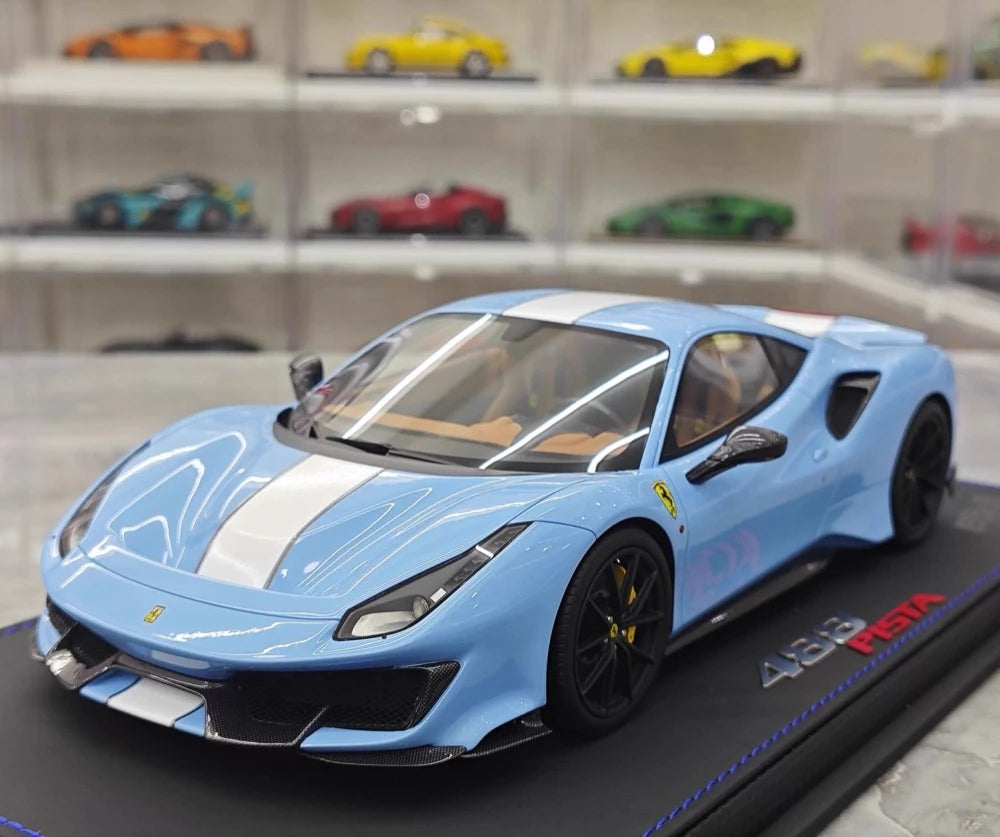[BBR] 1:18 Ferrari 2019 488 Pista Coupe Azzurro La Plata Bianco Stripe Model Car Resin