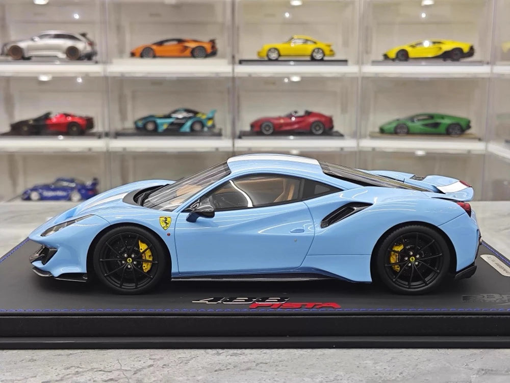 [BBR] 1:18 Ferrari 2019 488 Pista Coupe Azzurro La Plata Bianco Stripe Model Car Resin