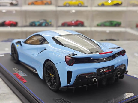 [BBR] 1:18 Ferrari 2019 488 Pista Coupe Azzurro La Plata Bianco Stripe Model Car Resin