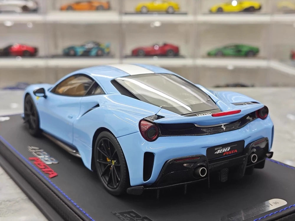 [BBR] 1:18 Ferrari 2019 488 Pista Coupe Azzurro La Plata Bianco Stripe Model Car Resin